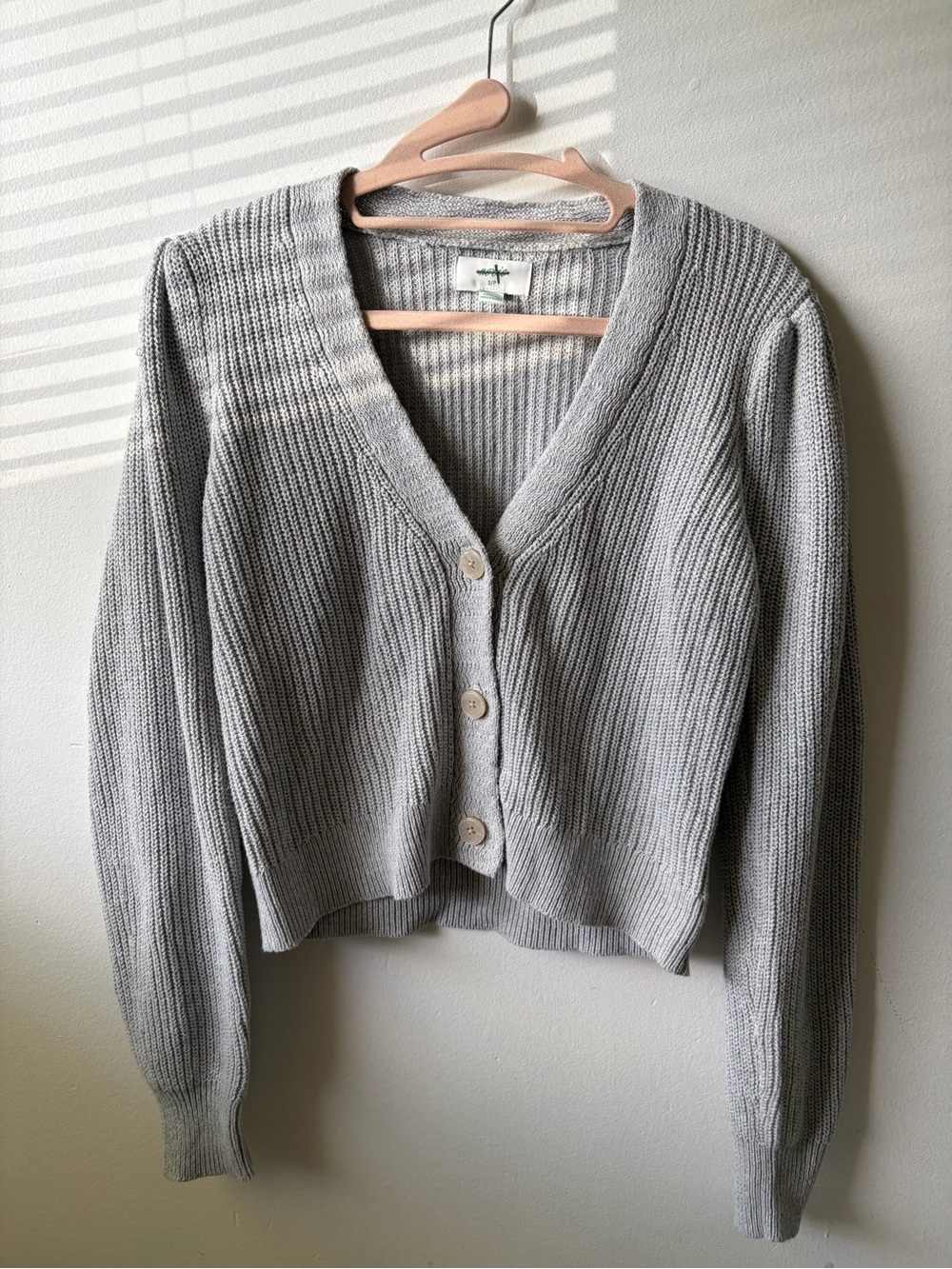 aerie Light Gray V-Neck Cropped Button Cardigan 100% Cotton